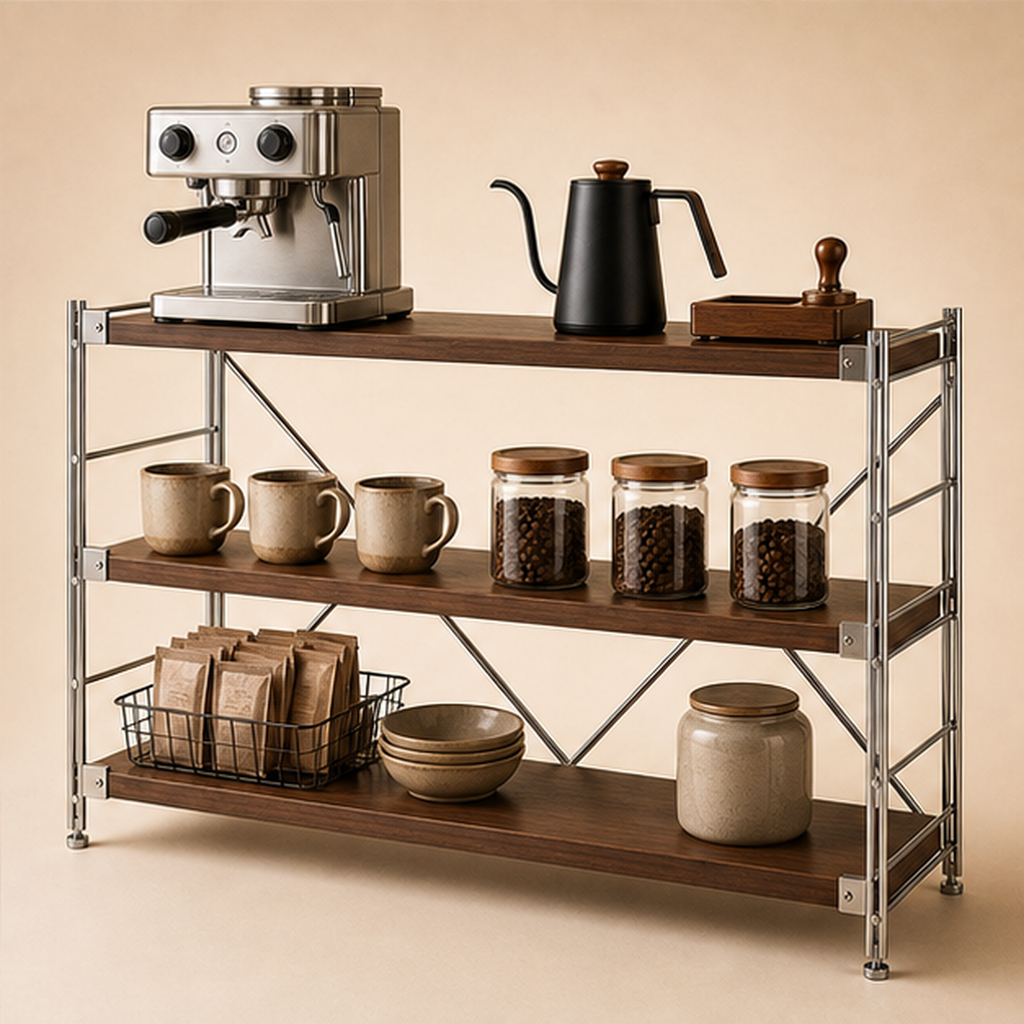 41 cm deep, 70 cm high 100 cm wide Walnut Brown three-tier coffee bar organizer