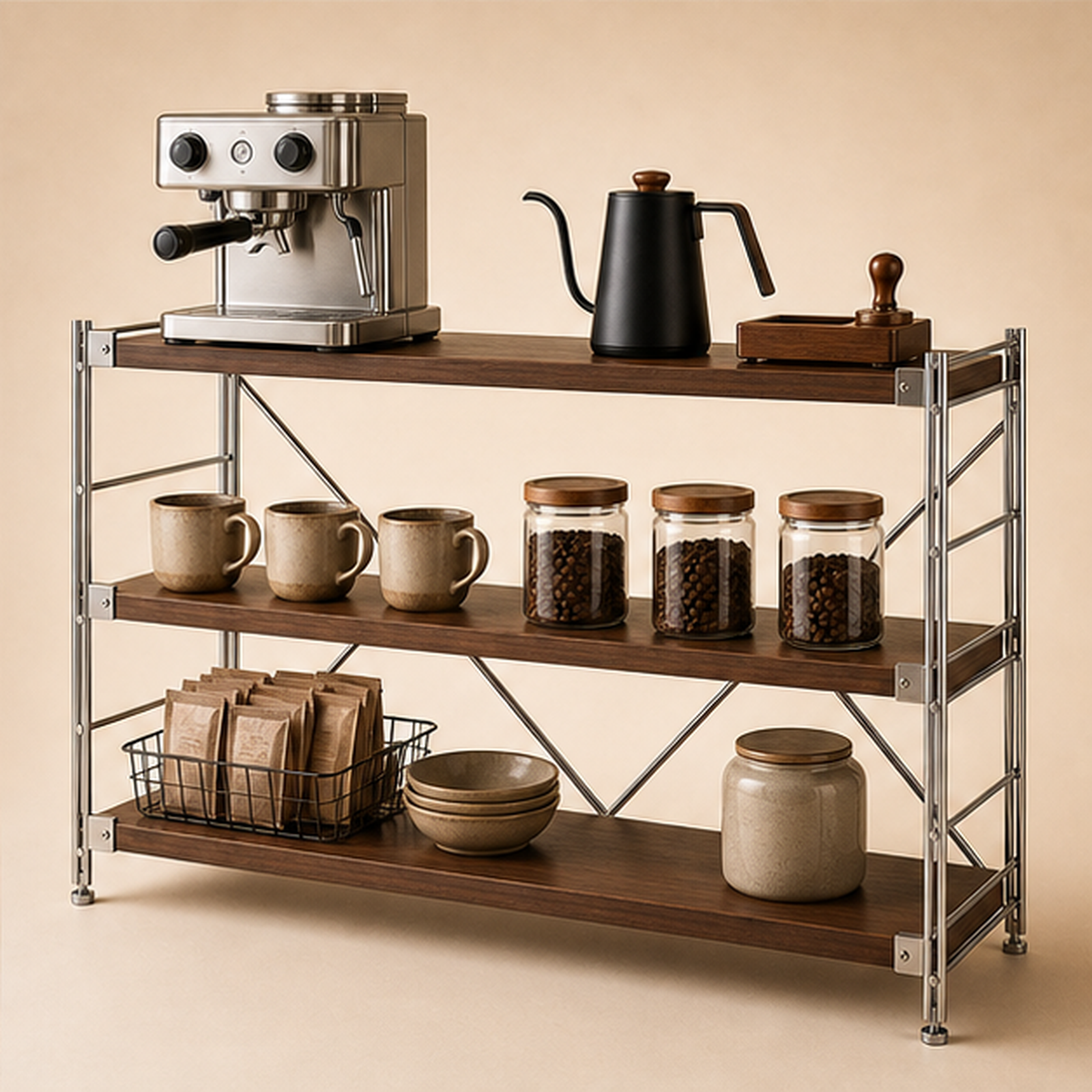 41 cm deep, 70 cm high 100 cm wide Walnut Brown three-tier coffee bar organizer