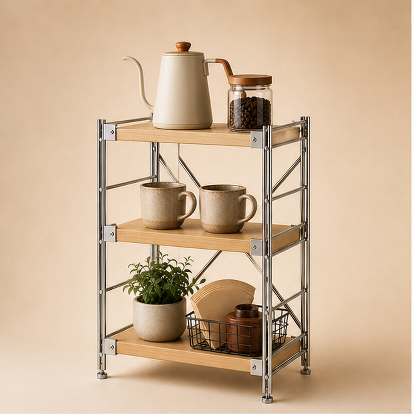 41 cm deep, 70 cm high 40 cm wide Natural Wood three-tier coffee bar organizer