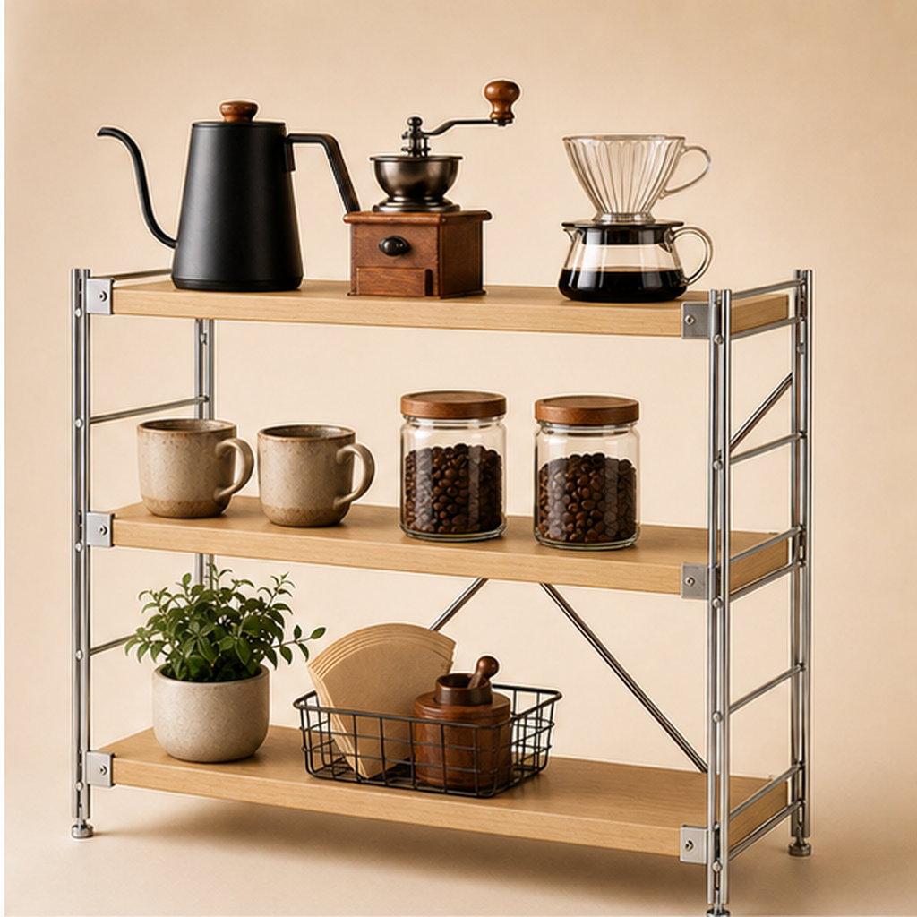 41 cm deep, 70 cm high 70 cm wide Natural Wood three-tier coffee bar organizer