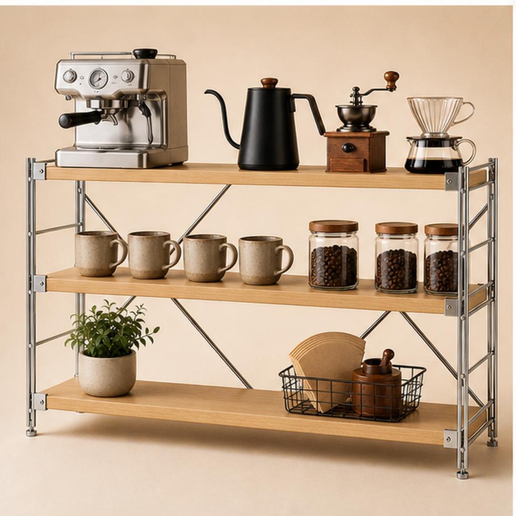 41 cm deep, 70 cm high 100 cm wide Natural Wood three-tier coffee bar organizer