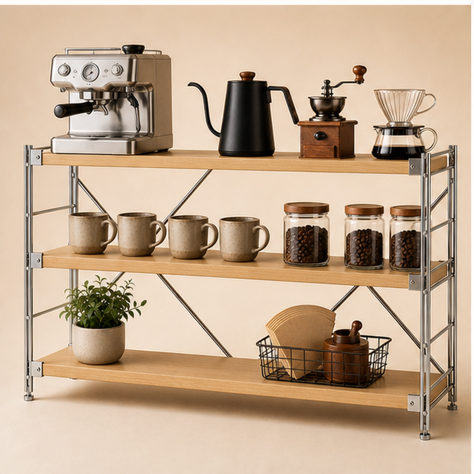 41 cm deep, 70 cm high 100 cm wide Natural Wood three-tier coffee bar organizer