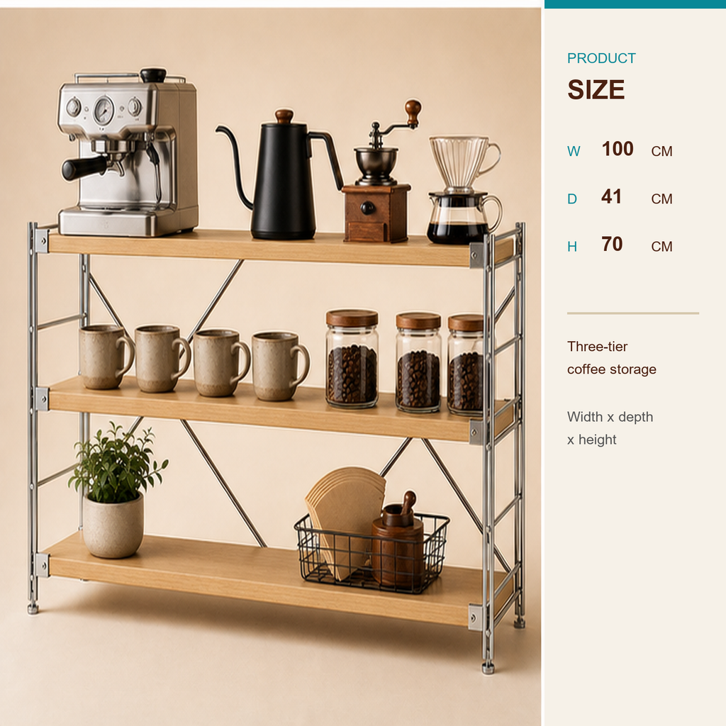 41 cm deep, 70 cm high 100 cm wide three-tier coffee bar organizer size guide