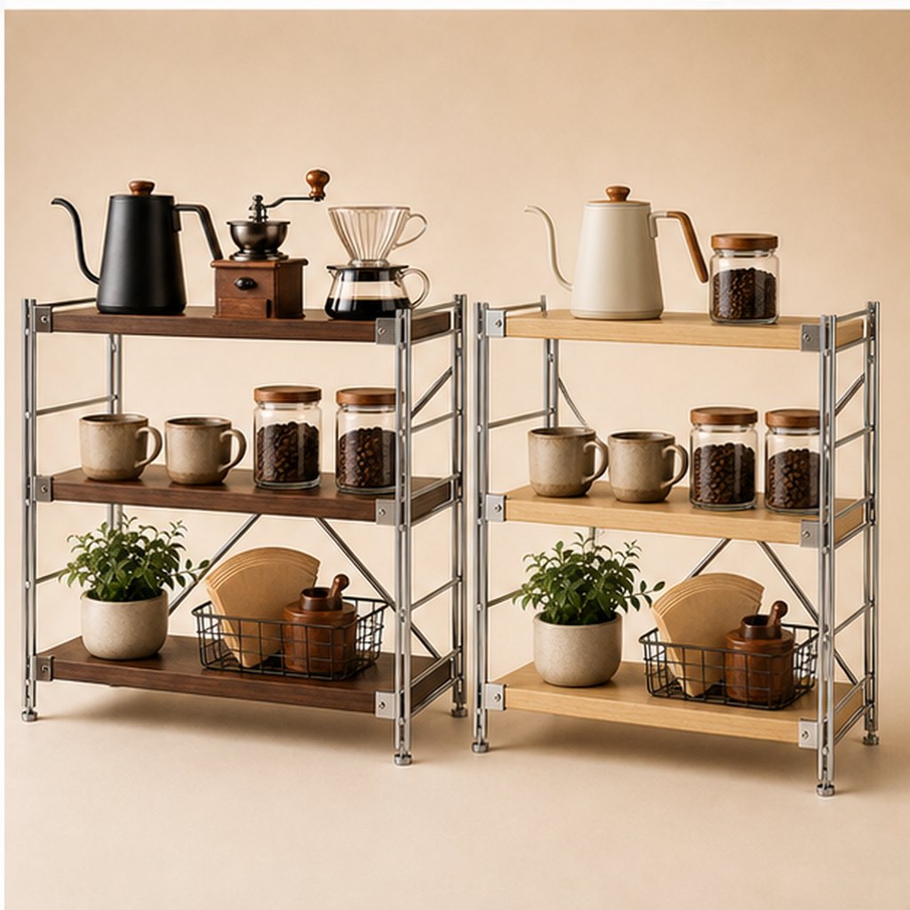 41 cm deep, 70 cm high Walnut Brown and Natural Wood three-tier coffee bar organizer finish comparison