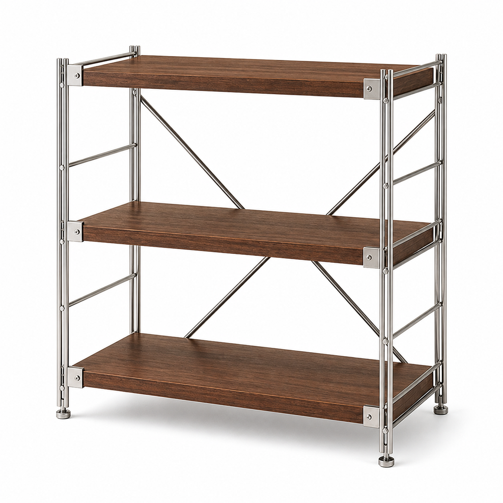 Walnut Brown 70 × 41 × 70 cm deep three-tier steel and wood coffee bar organizer on white