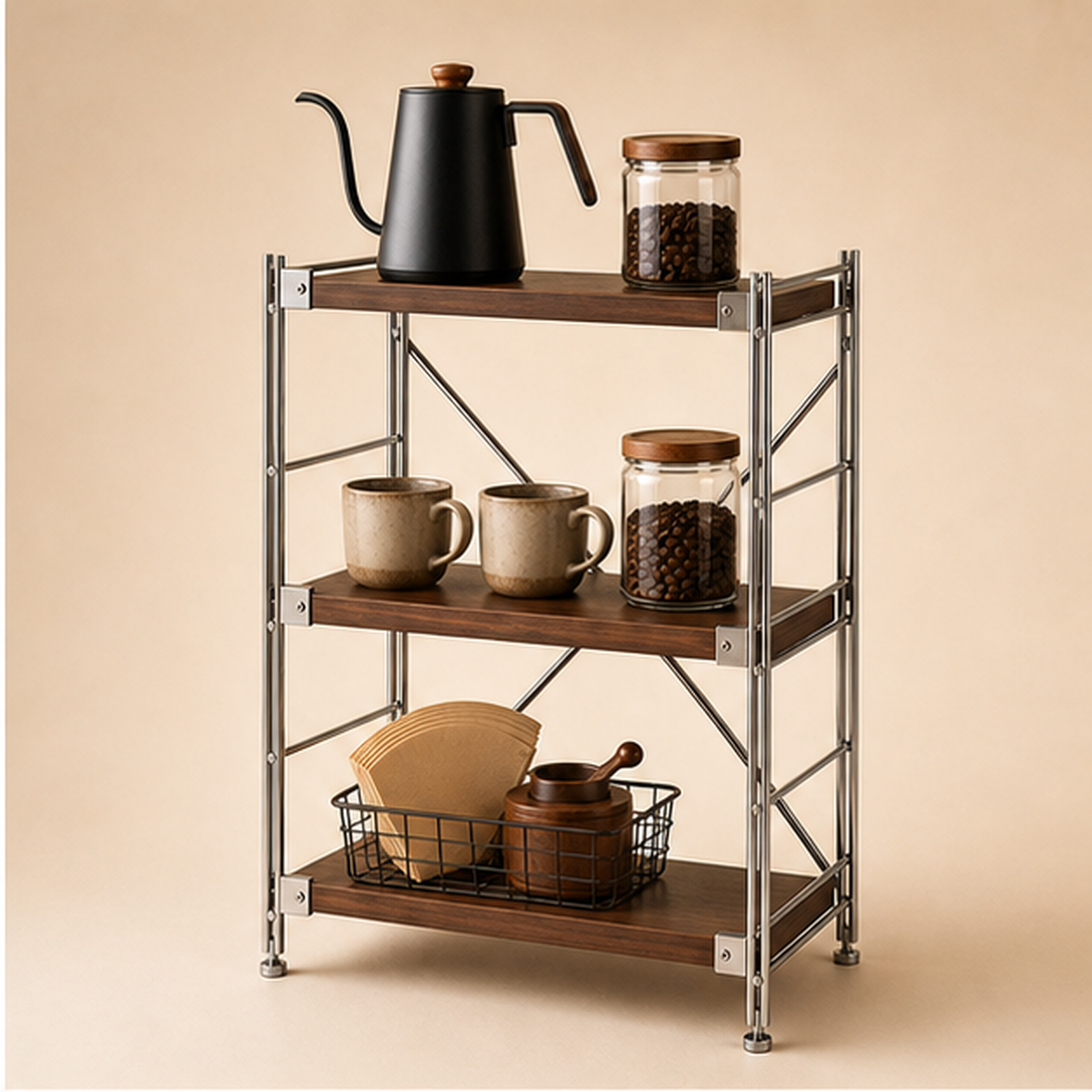 41 cm deep, 90 cm high 40 cm wide Walnut Brown three-tier coffee bar organizer
