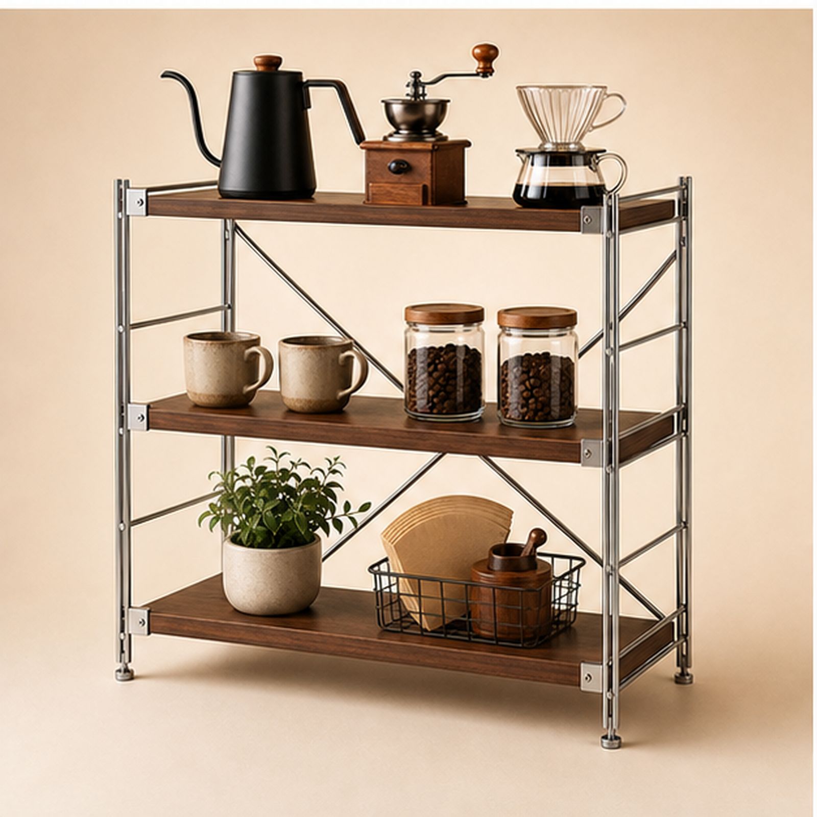 41 cm deep, 90 cm high 70 cm wide Walnut Brown three-tier coffee bar organizer