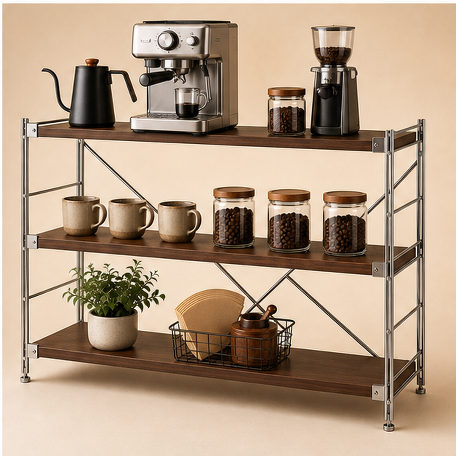 41 cm deep, 90 cm high 100 cm wide Walnut Brown three-tier coffee bar organizer