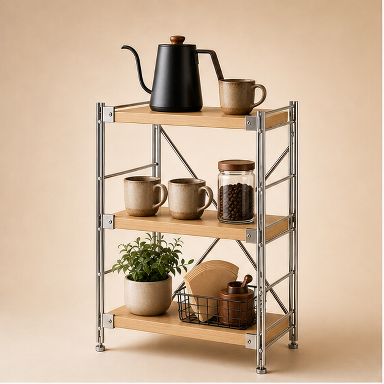 41 cm deep, 90 cm high 40 cm wide Natural Wood three-tier coffee bar organizer
