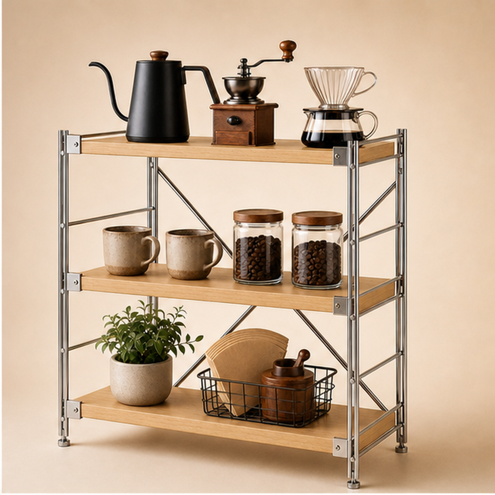 41 cm deep, 90 cm high 70 cm wide Natural Wood three-tier coffee bar organizer