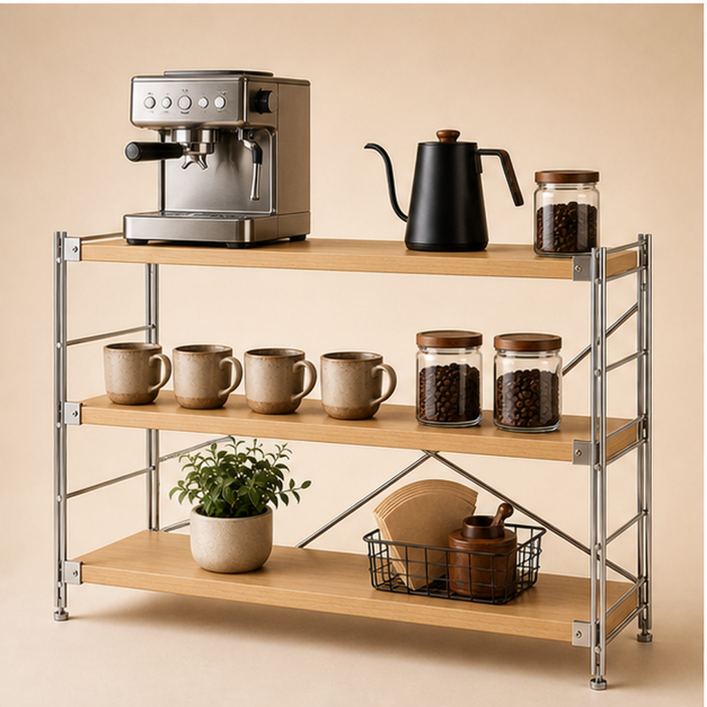 41 cm deep, 90 cm high 100 cm wide Natural Wood three-tier coffee bar organizer