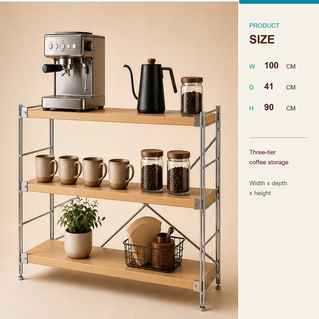 41 cm deep, 90 cm high 100 cm wide three-tier coffee bar organizer size guide