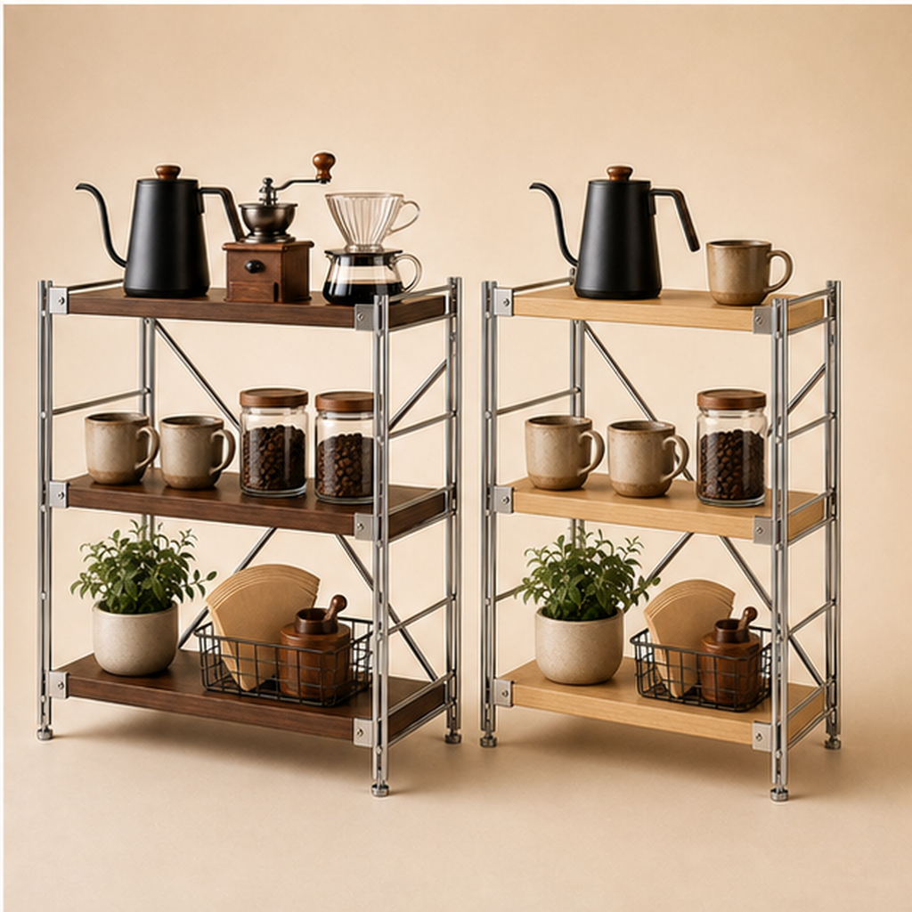 41 cm deep, 90 cm high Walnut Brown and Natural Wood three-tier coffee bar organizer finish comparison