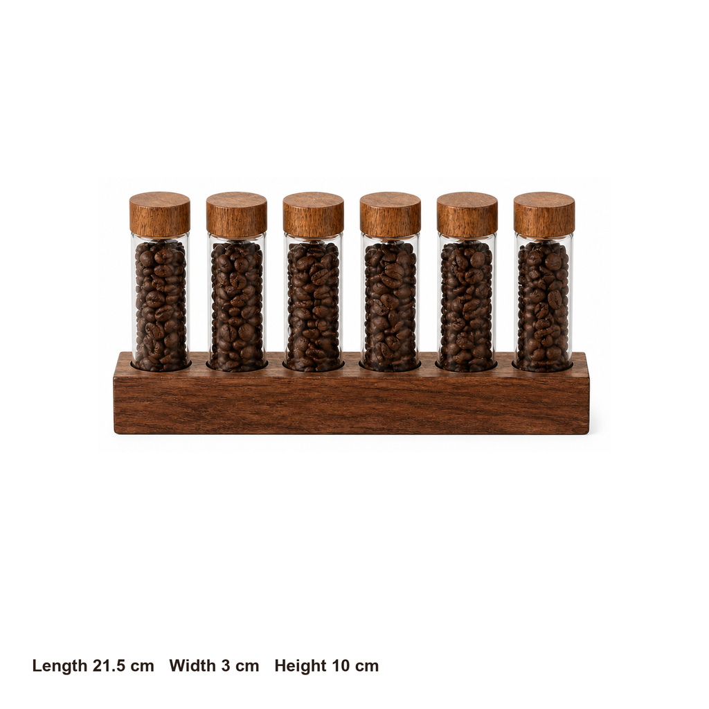 Six-tube coffee dosing organizer dimensions: 21.5 by 3 by 10 centimeters