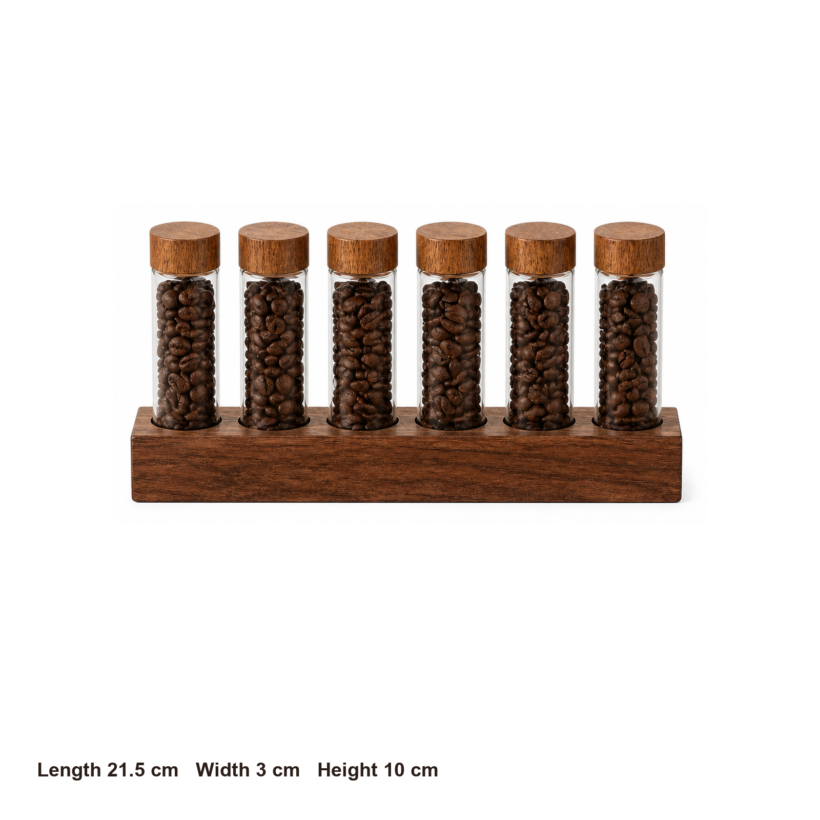 Six-tube coffee dosing organizer dimensions: 21.5 by 3 by 10 centimeters