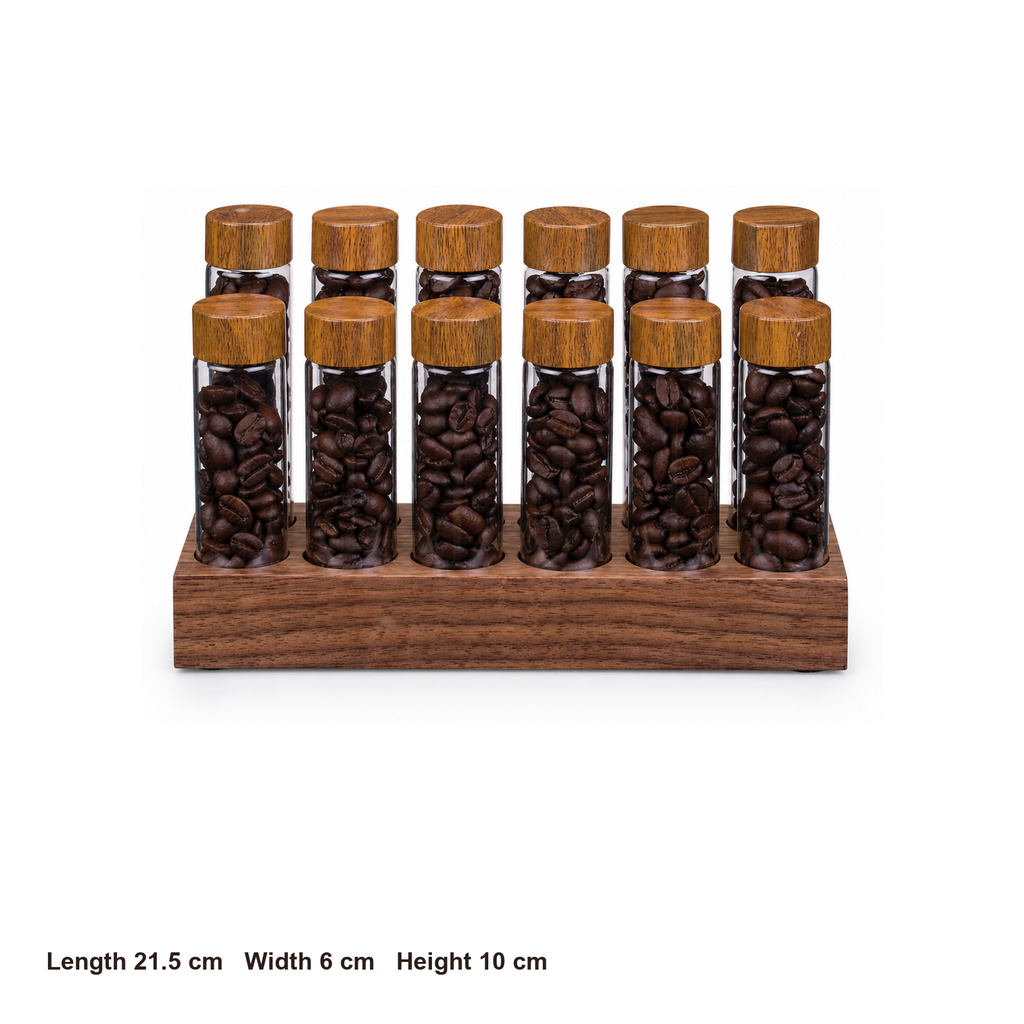 Twelve-tube coffee dosing organizer dimensions: 21.5 by 6 by 10 centimeters