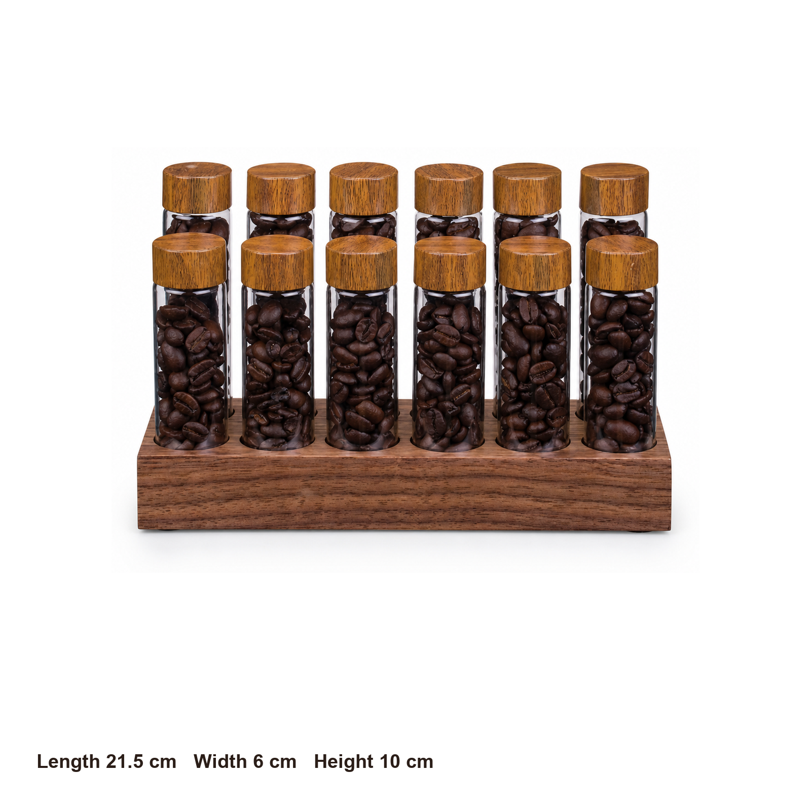 Twelve-tube coffee dosing organizer dimensions: 21.5 by 6 by 10 centimeters