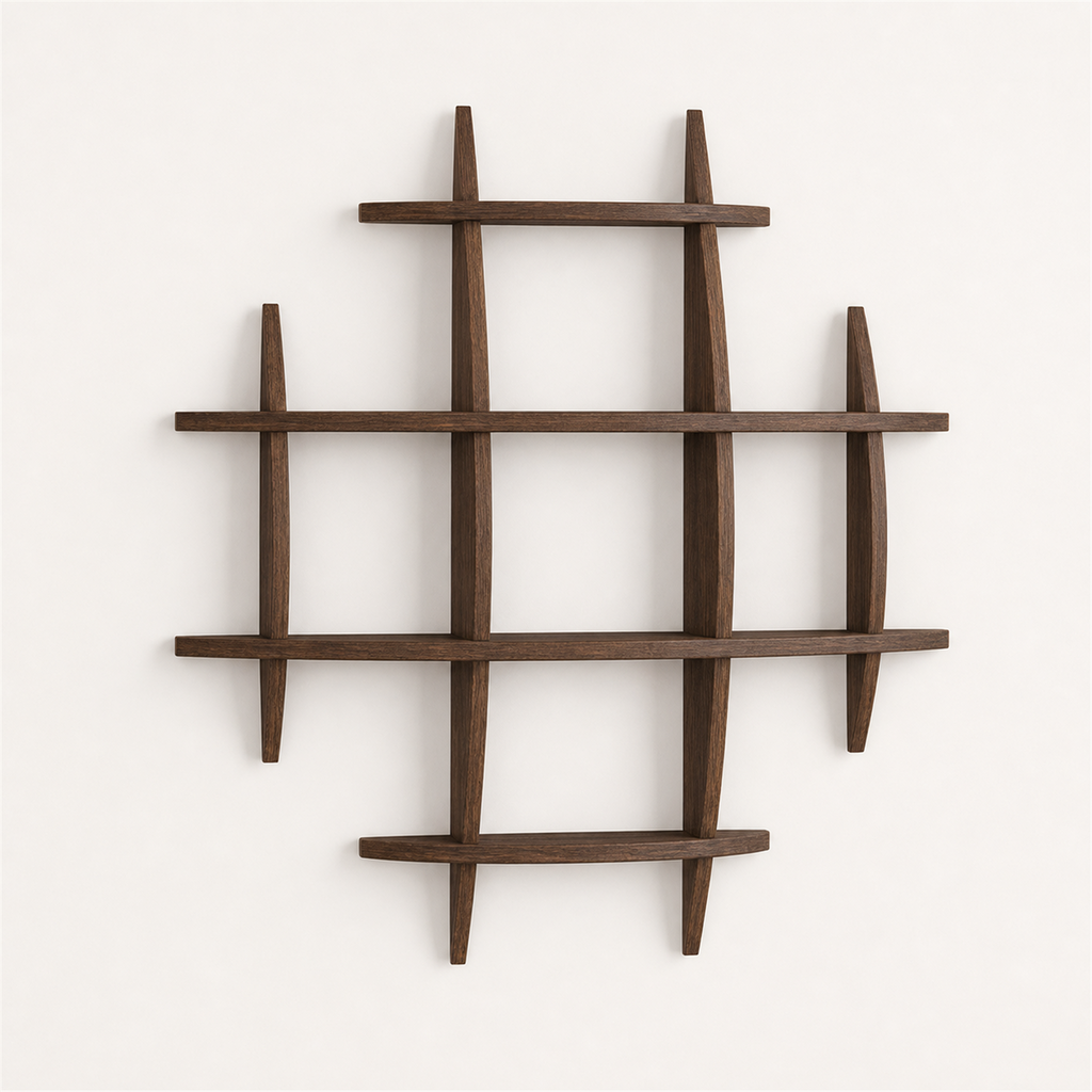 Large-grid paulownia wall coffee display shelf in Dark Burnt finish
