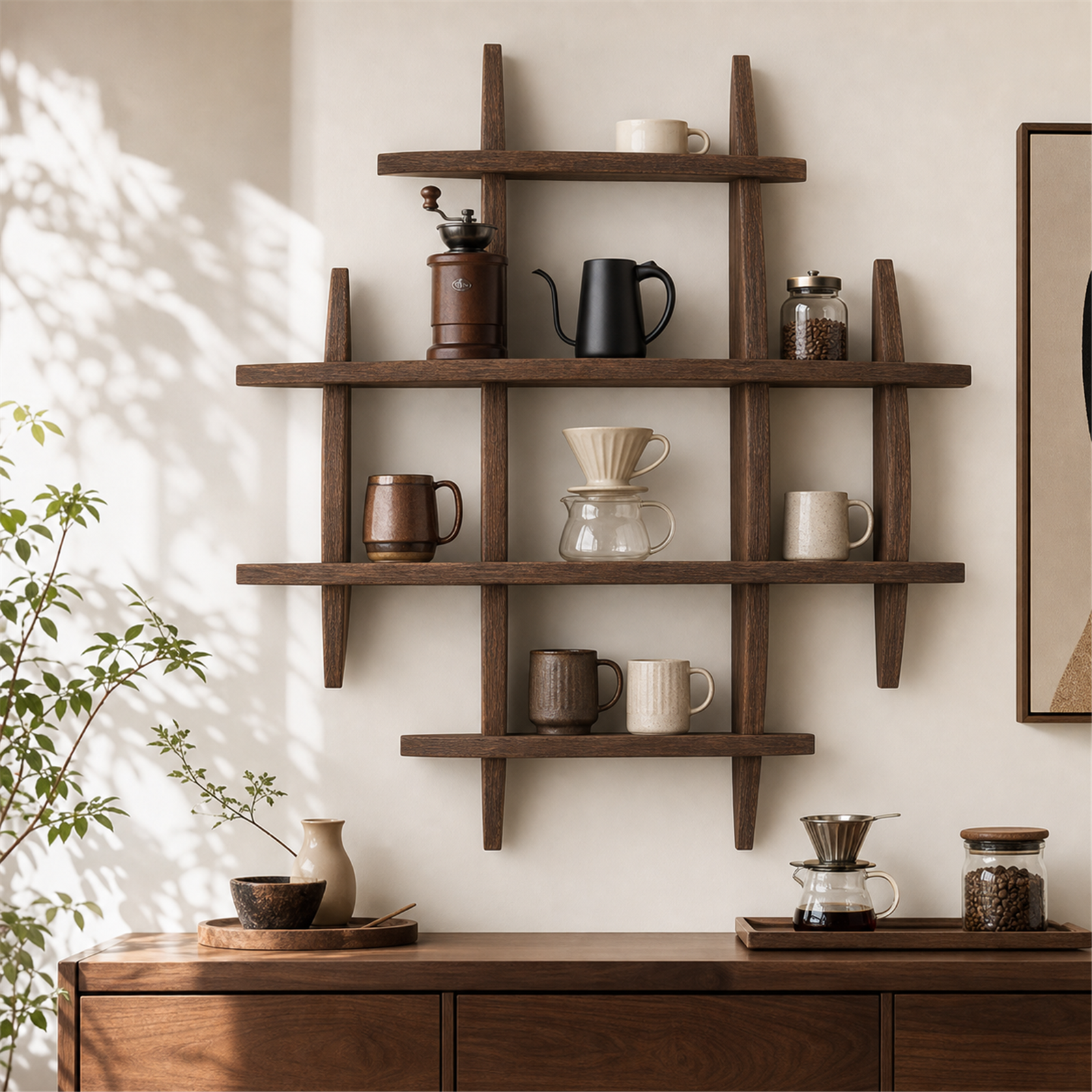 Large-grid wall shelf styled as a home coffee display