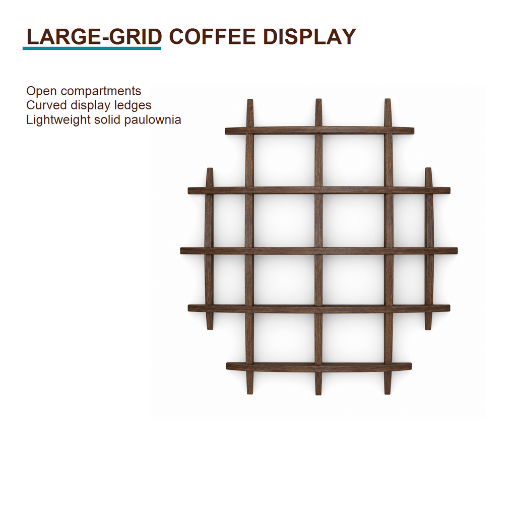 100 × 100 cm large-grid coffee display shelf highlighting open compartments and lightweight paulownia