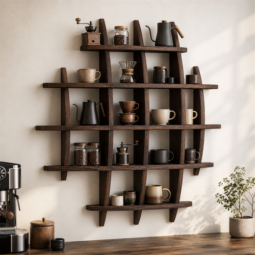 100 × 100 cm Dark Burnt large-grid paulownia wall coffee shelf styled with coffee accessories