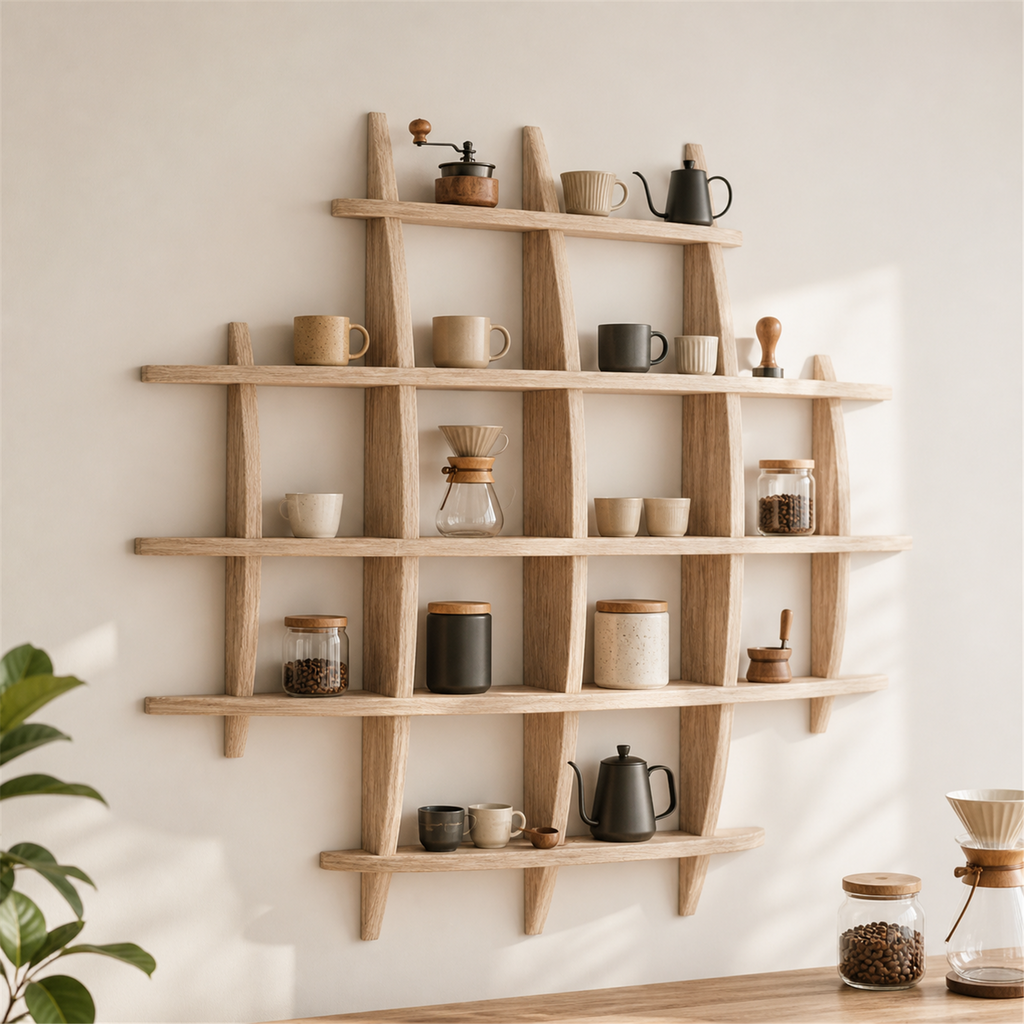 100 × 100 cm Light Burnt large-grid paulownia wall coffee shelf styled in a bright coffee corner