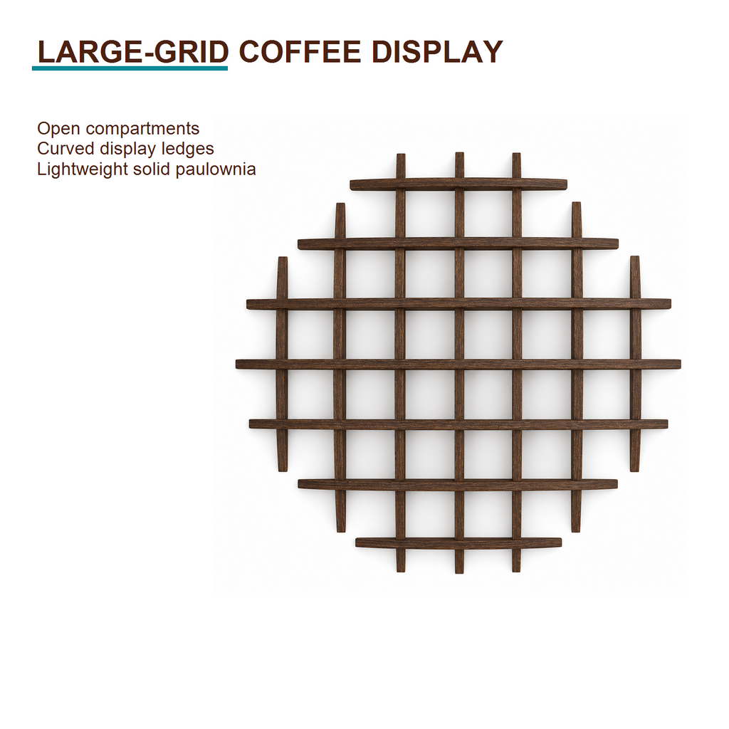 120 × 120 cm large-grid coffee display shelf highlighting open compartments and lightweight paulownia