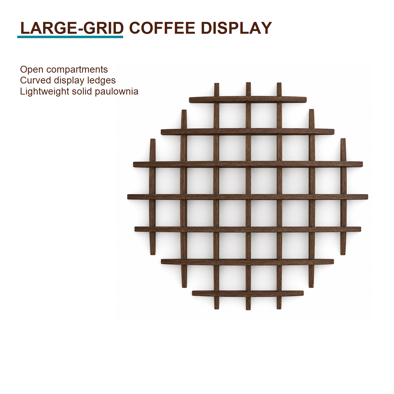 120 × 120 cm large-grid coffee display shelf highlighting open compartments and lightweight paulownia