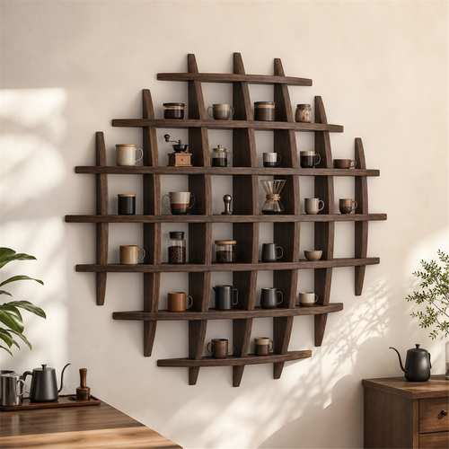 120 × 120 cm Dark Burnt large-grid paulownia wall coffee shelf styled with coffee accessories