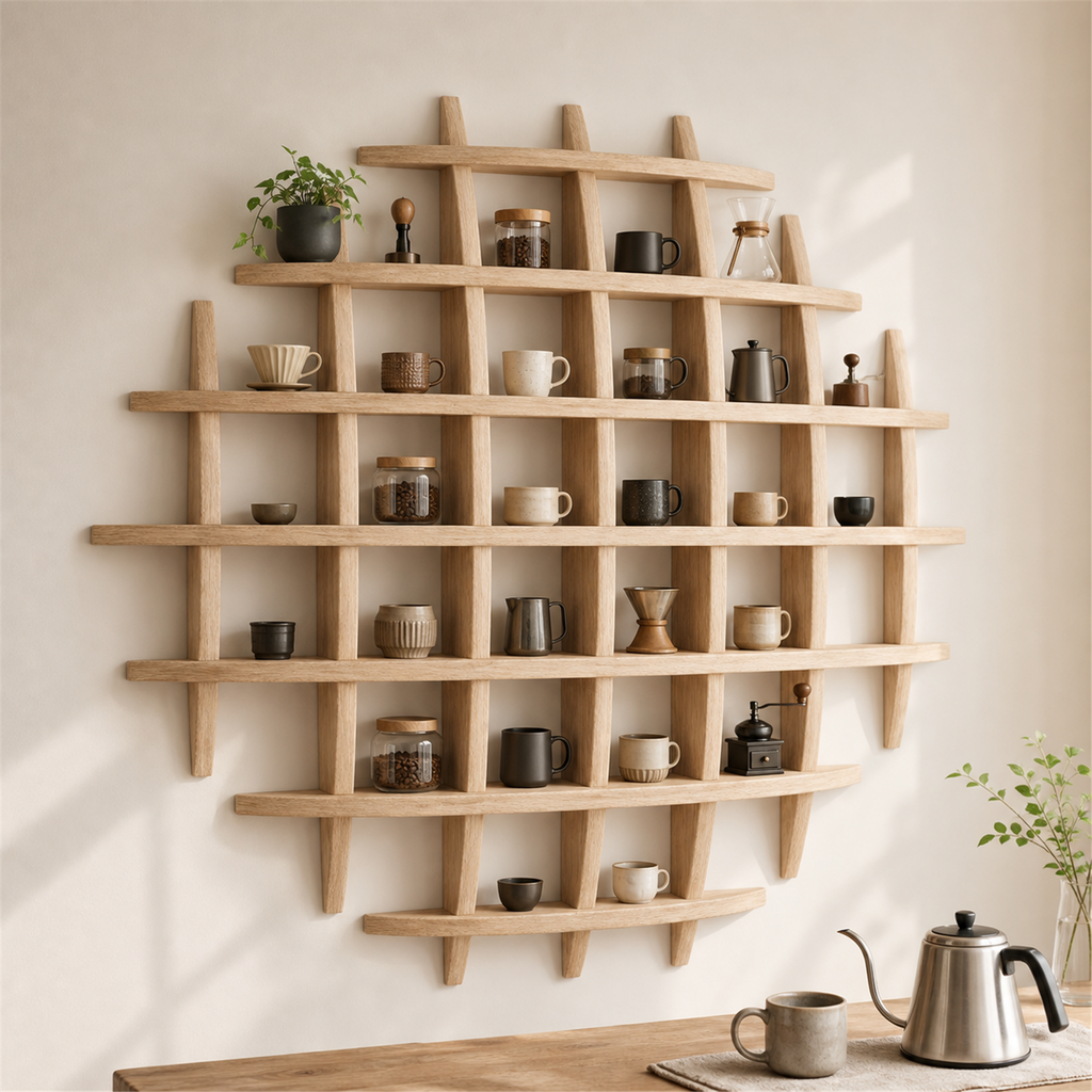 120 × 120 cm Light Burnt large-grid paulownia wall coffee shelf styled in a bright coffee corner