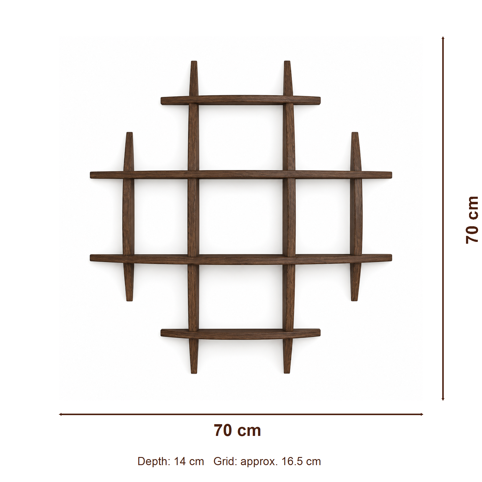 70 × 70 cm large-grid solid paulownia wall coffee display shelf, depth 14 cm and approximate grid width 16.5 cm