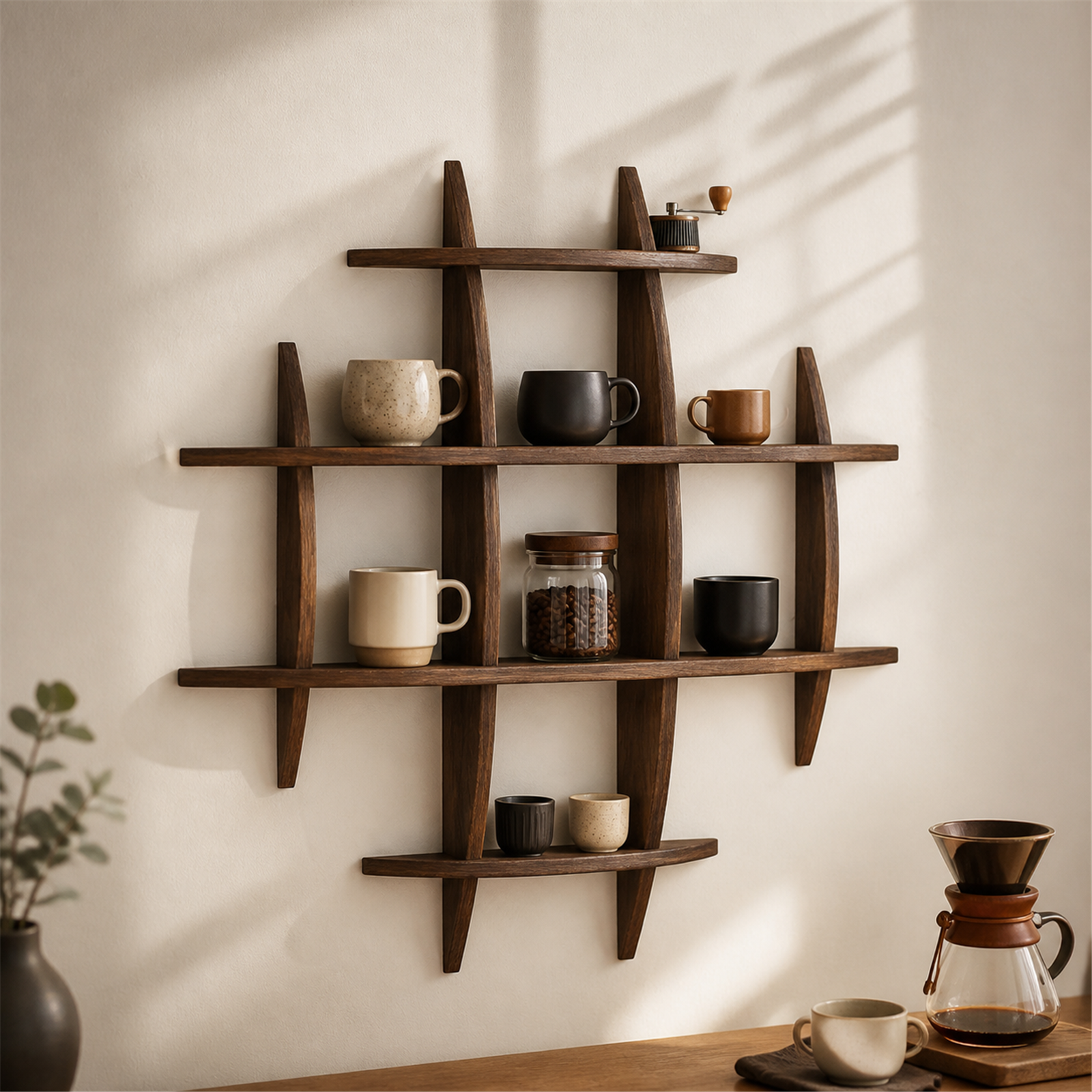 70 × 70 cm Dark Burnt large-grid paulownia wall coffee shelf styled with coffee accessories