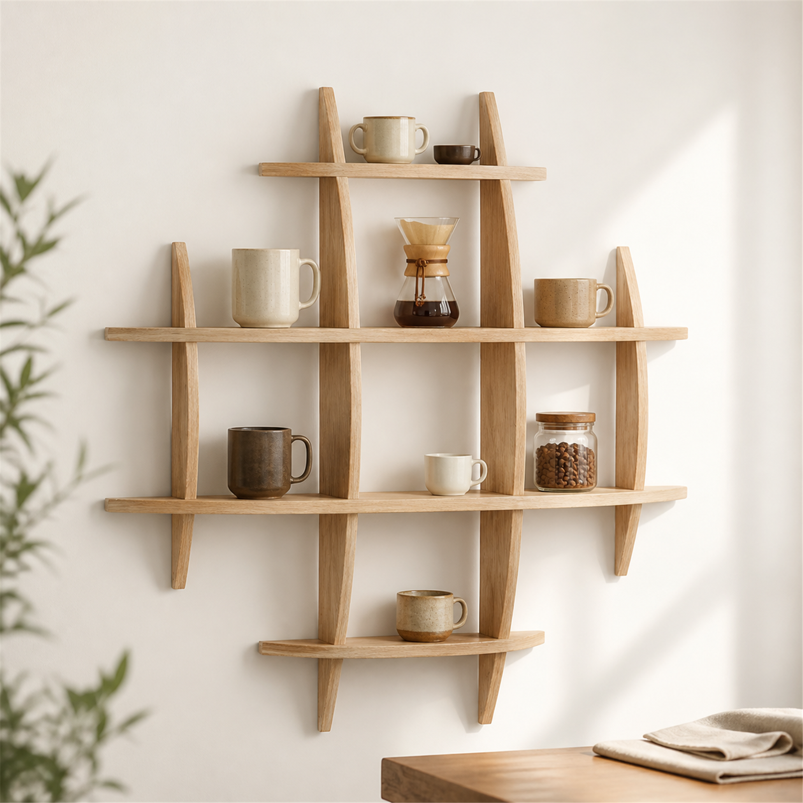 70 × 70 cm Light Burnt large-grid paulownia wall coffee shelf styled in a bright coffee corner
