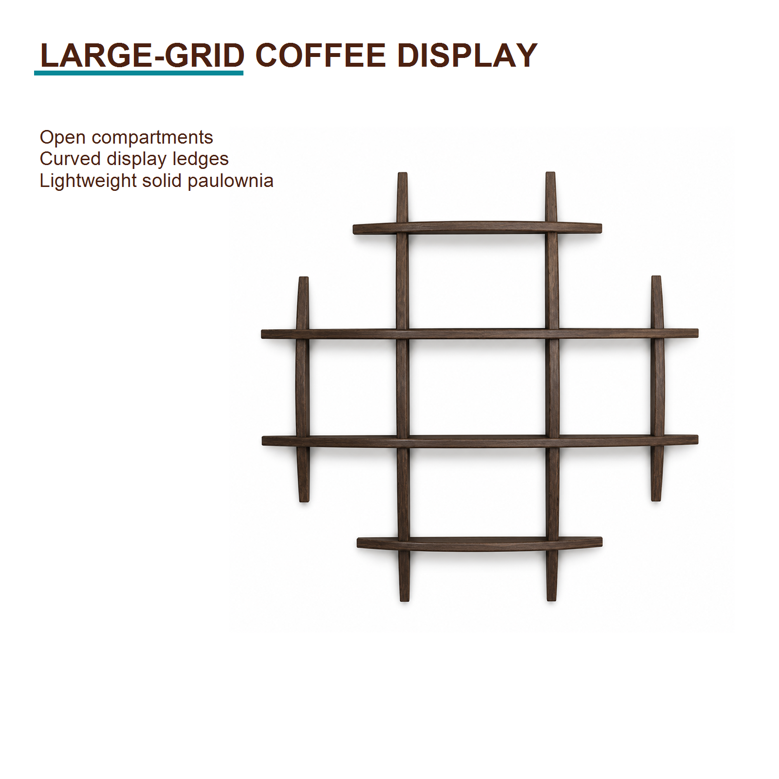 90 × 90 cm large-grid coffee display shelf highlighting open compartments and lightweight paulownia