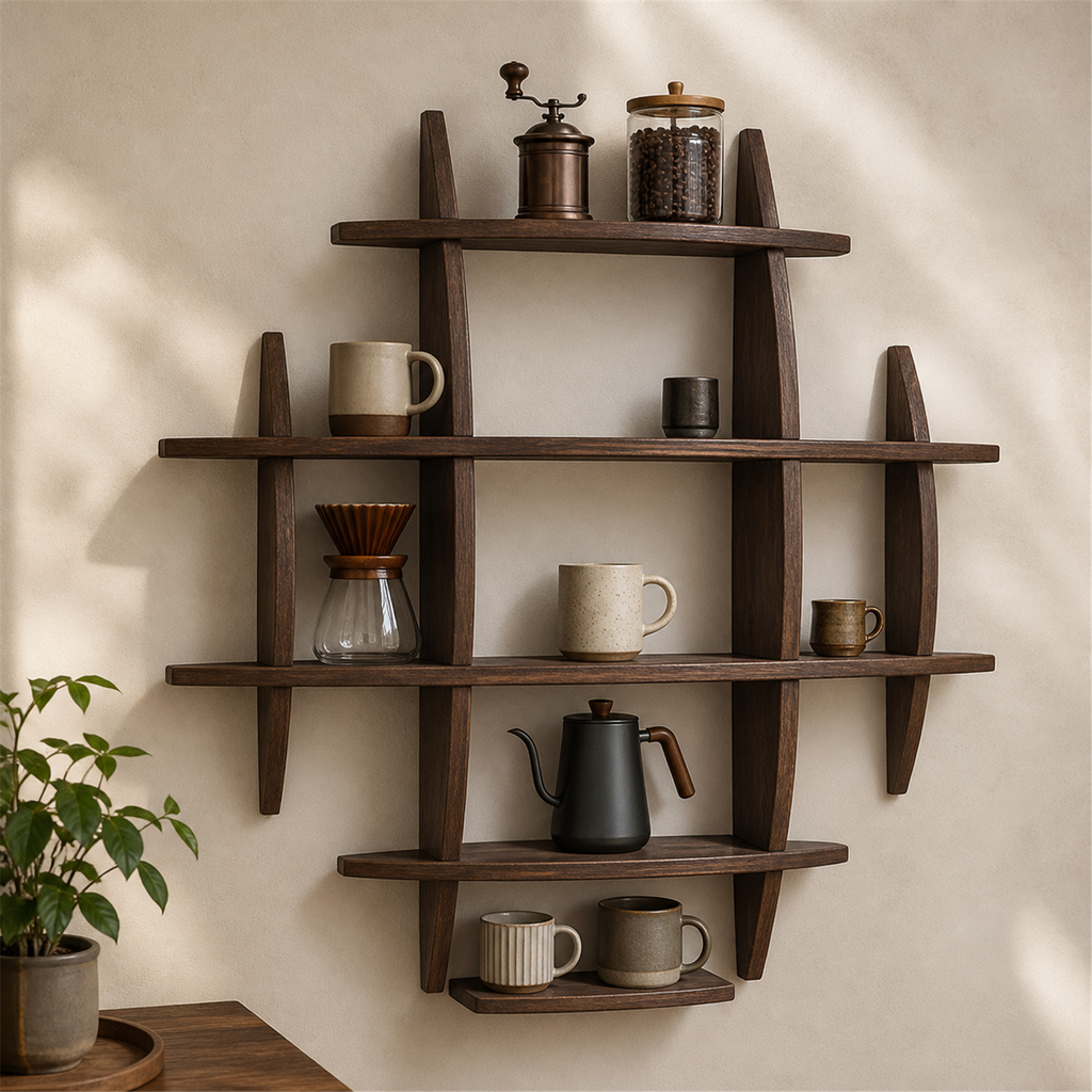 90 × 90 cm Dark Burnt large-grid paulownia wall coffee shelf styled with coffee accessories
