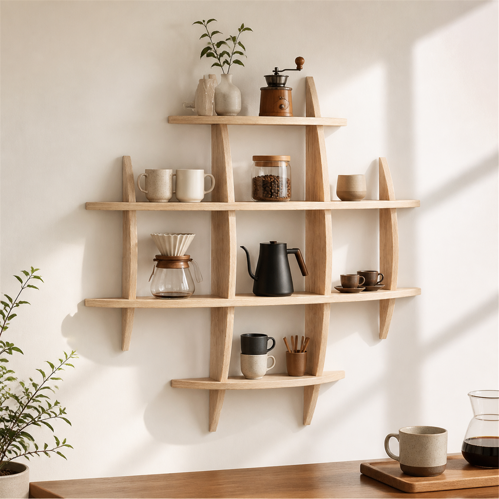 90 × 90 cm Light Burnt large-grid paulownia wall coffee shelf styled in a bright coffee corner