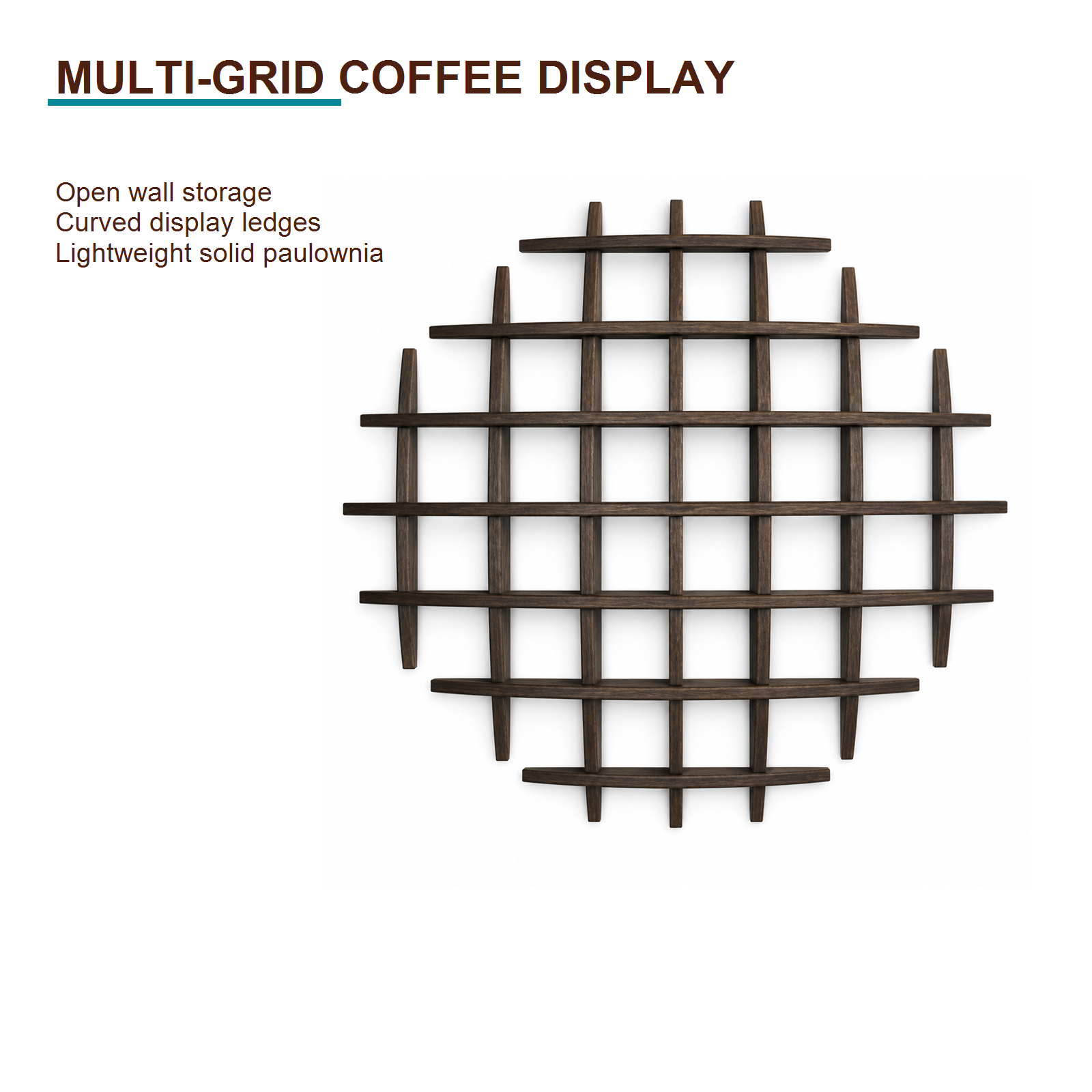 100 × 100 cm multi-grid coffee display shelf highlighting open wall storage and lightweight paulownia