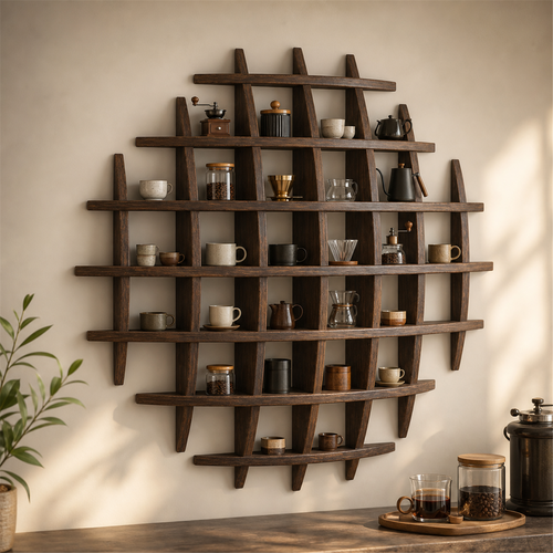100 × 100 cm Dark Burnt multi-grid paulownia wall coffee shelf styled with coffee accessories