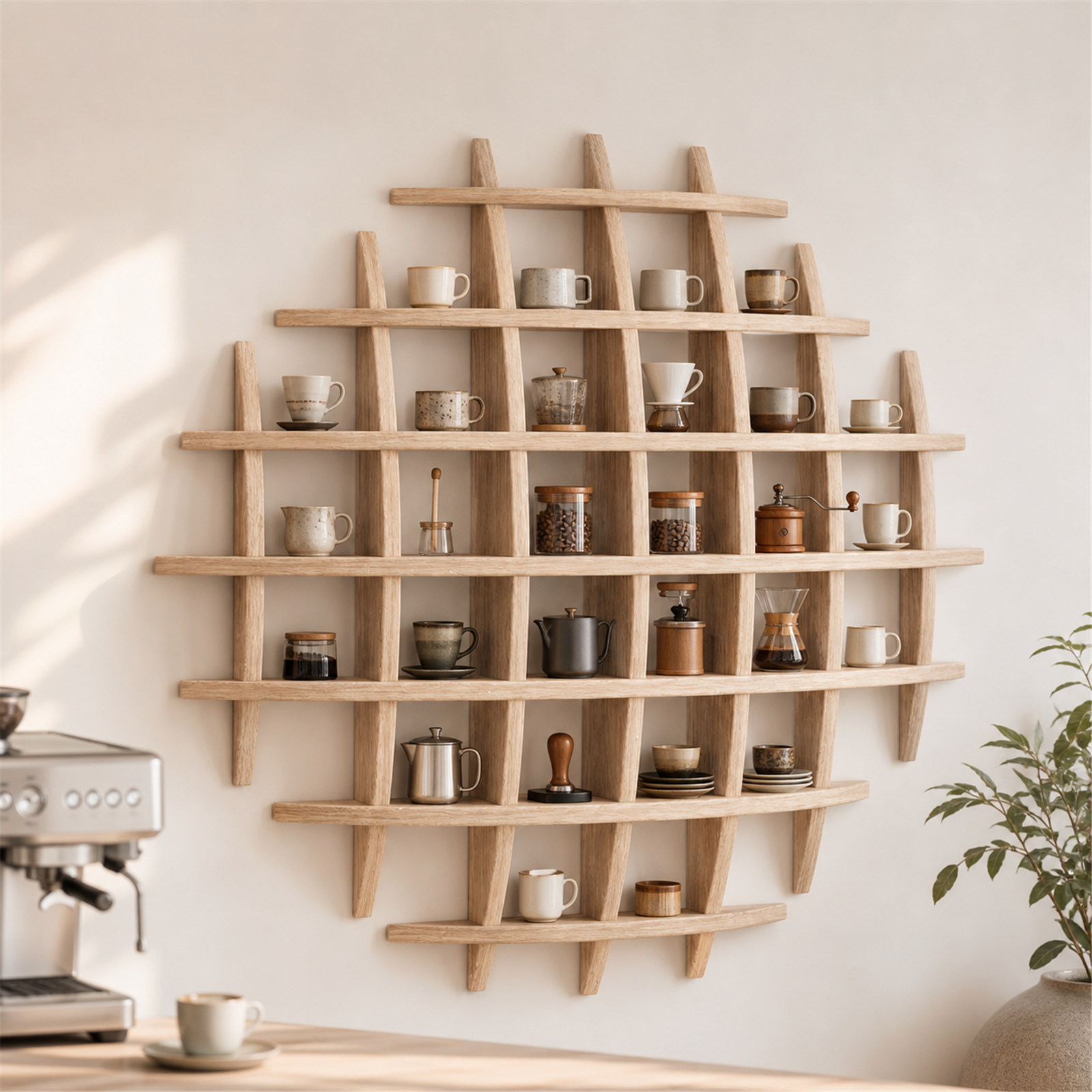 100 × 100 cm Light Burnt multi-grid paulownia wall coffee shelf styled in a bright coffee corner