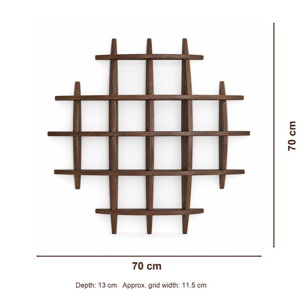 70 × 70 cm multi-grid solid paulownia wall coffee display shelf, depth 13 cm and approximate grid width 11.5 cm