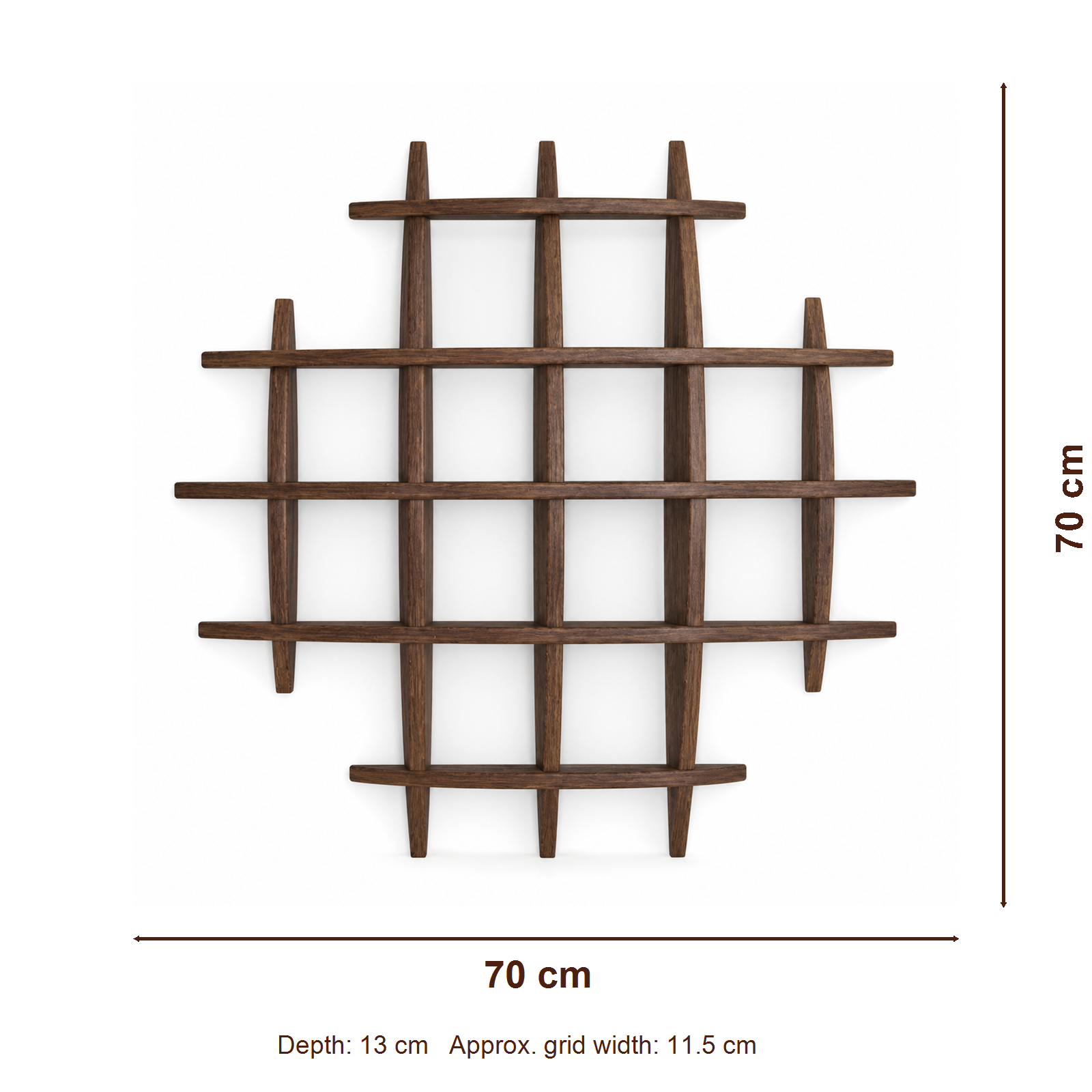 70 × 70 cm multi-grid solid paulownia wall coffee display shelf, depth 13 cm and approximate grid width 11.5 cm