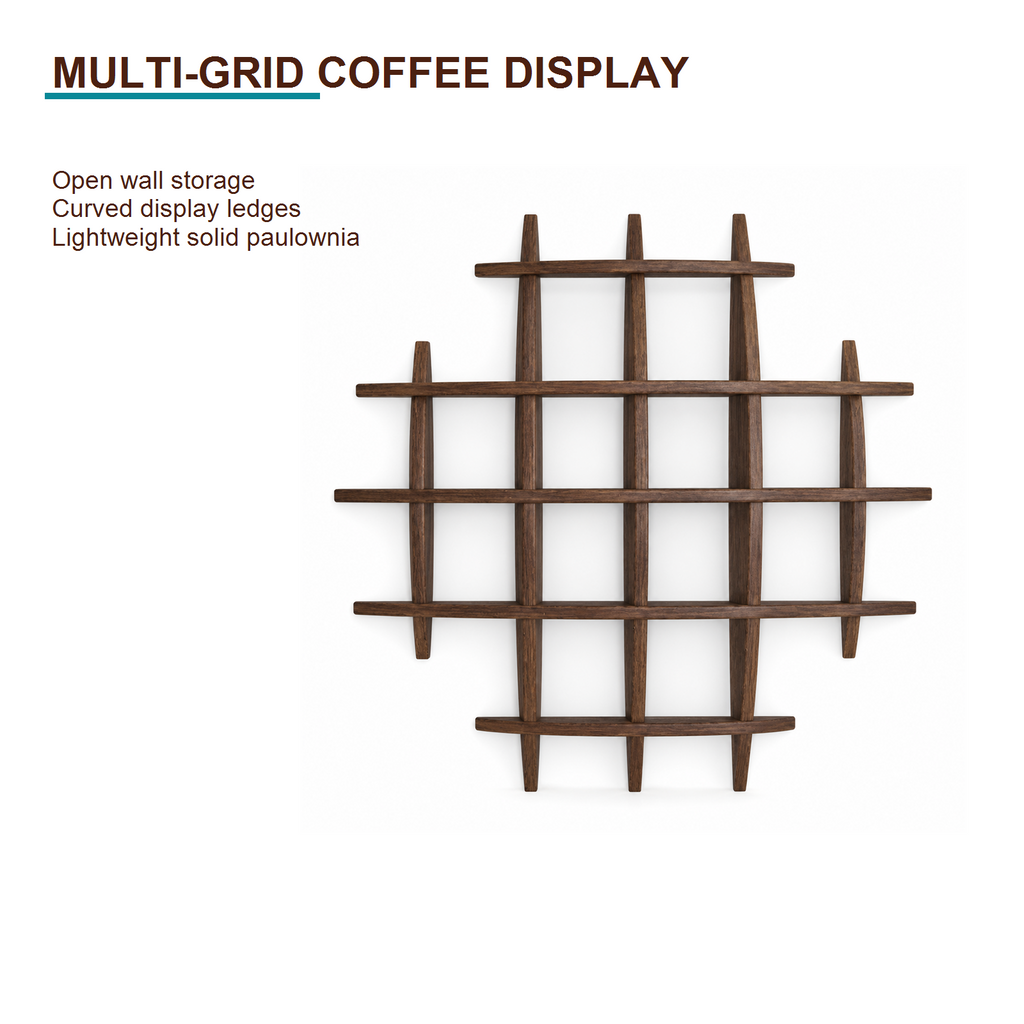 70 × 70 cm multi-grid coffee display shelf highlighting open wall storage and lightweight paulownia