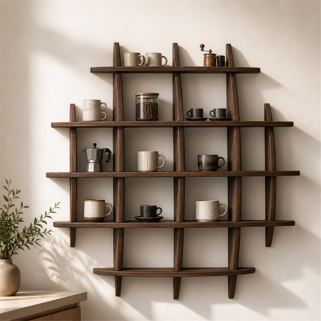 70 × 70 cm Dark Burnt multi-grid paulownia wall coffee shelf styled with coffee accessories
