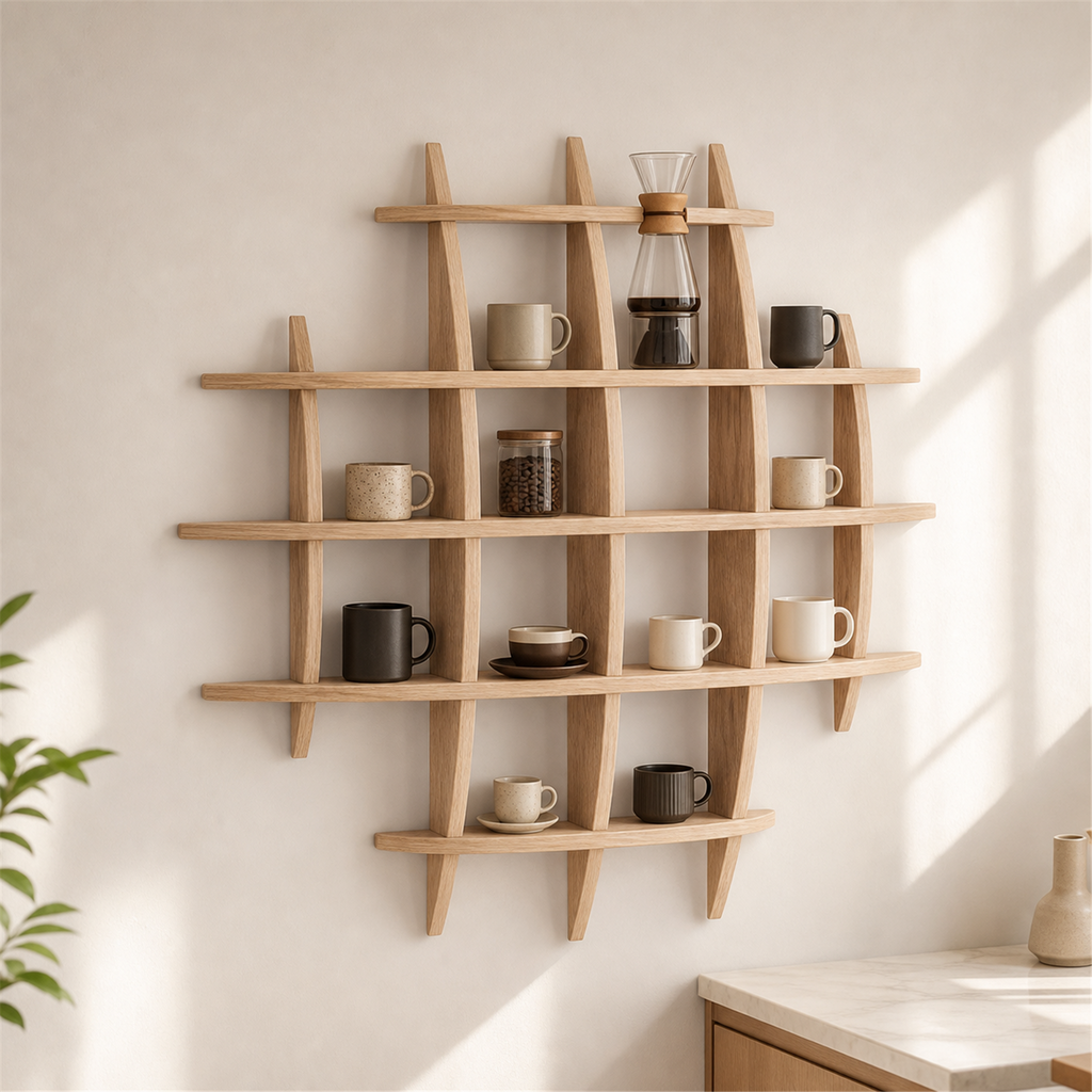 70 × 70 cm Light Burnt multi-grid paulownia wall coffee shelf styled in a bright coffee corner