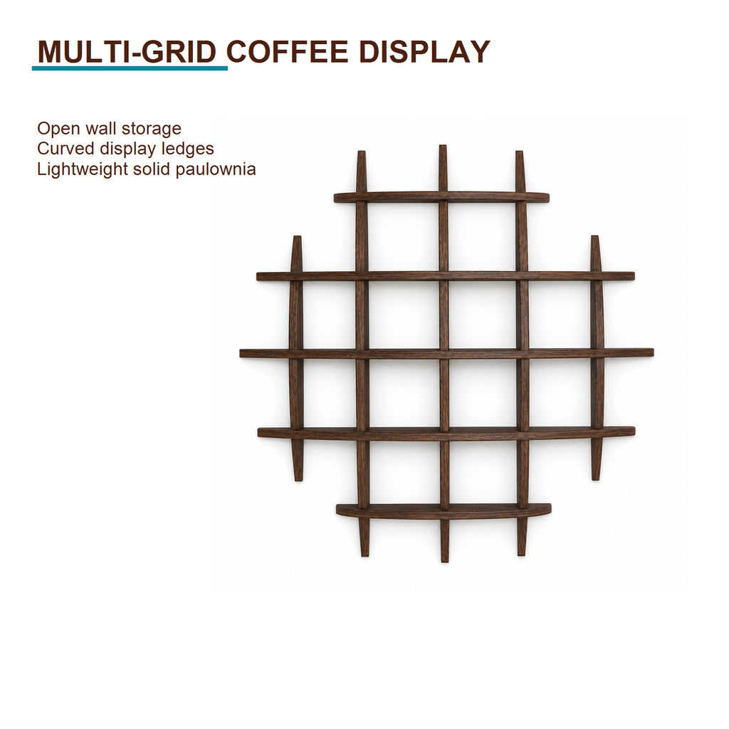 90 × 90 cm multi-grid coffee display shelf highlighting open wall storage and lightweight paulownia