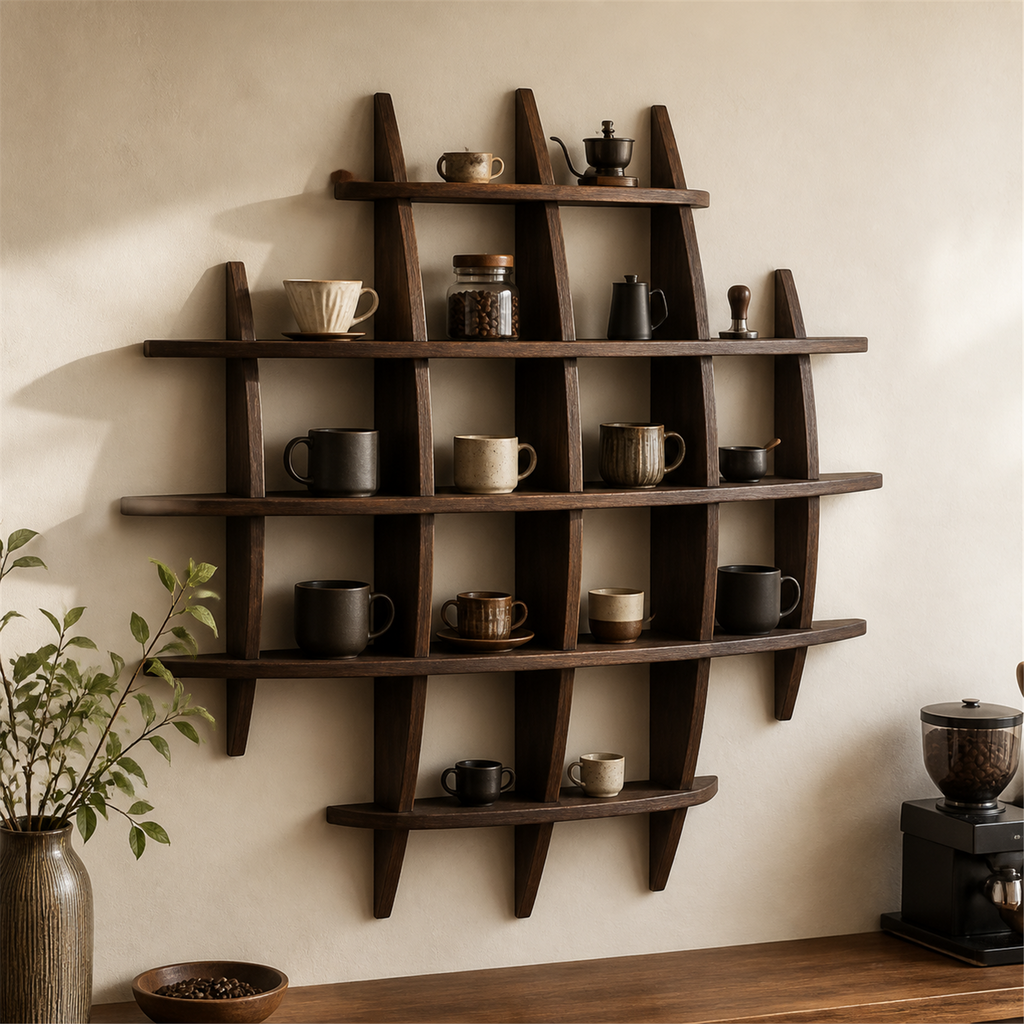 90 × 90 cm Dark Burnt multi-grid paulownia wall coffee shelf styled with coffee accessories