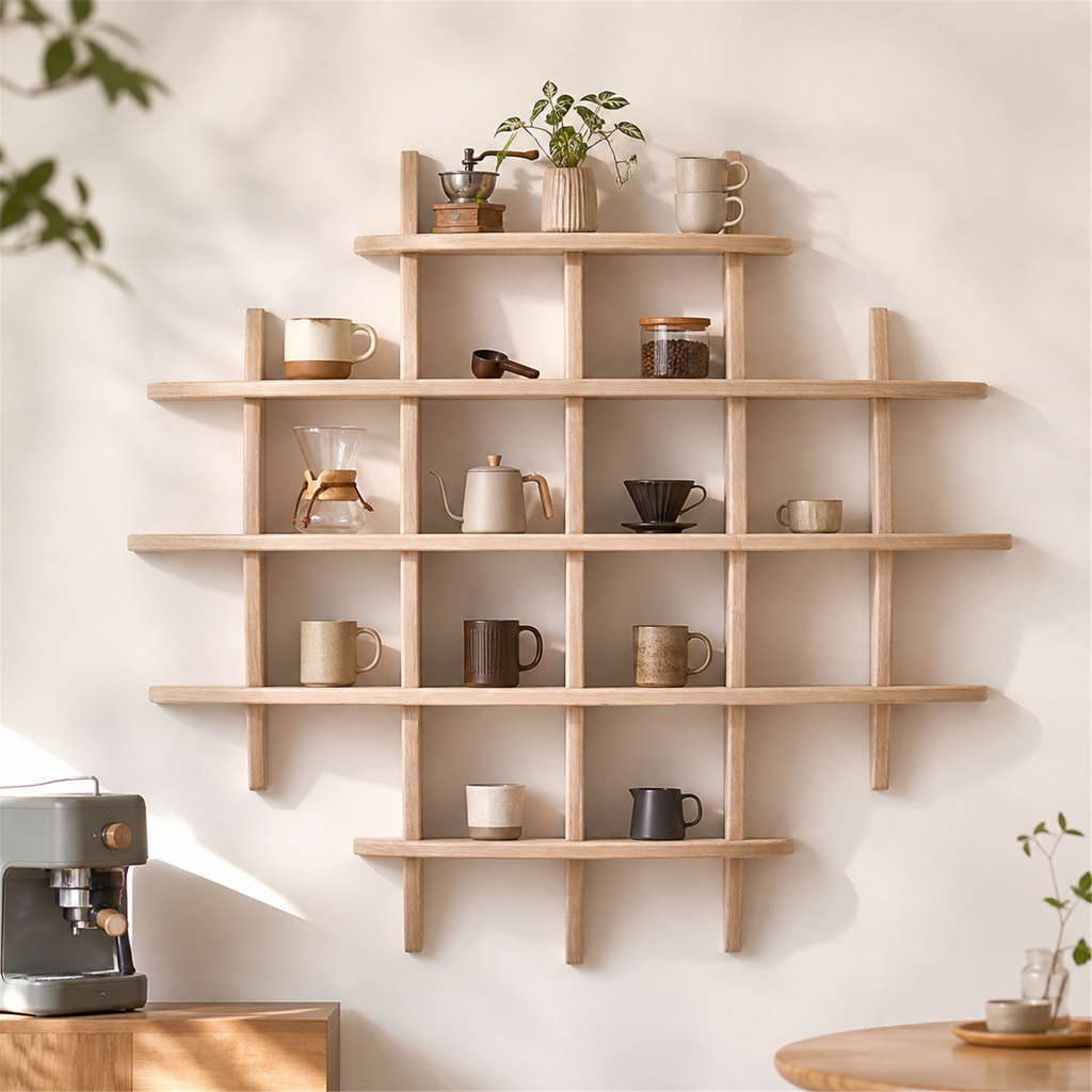 90 × 90 cm Light Burnt multi-grid paulownia wall coffee shelf styled in a bright coffee corner
