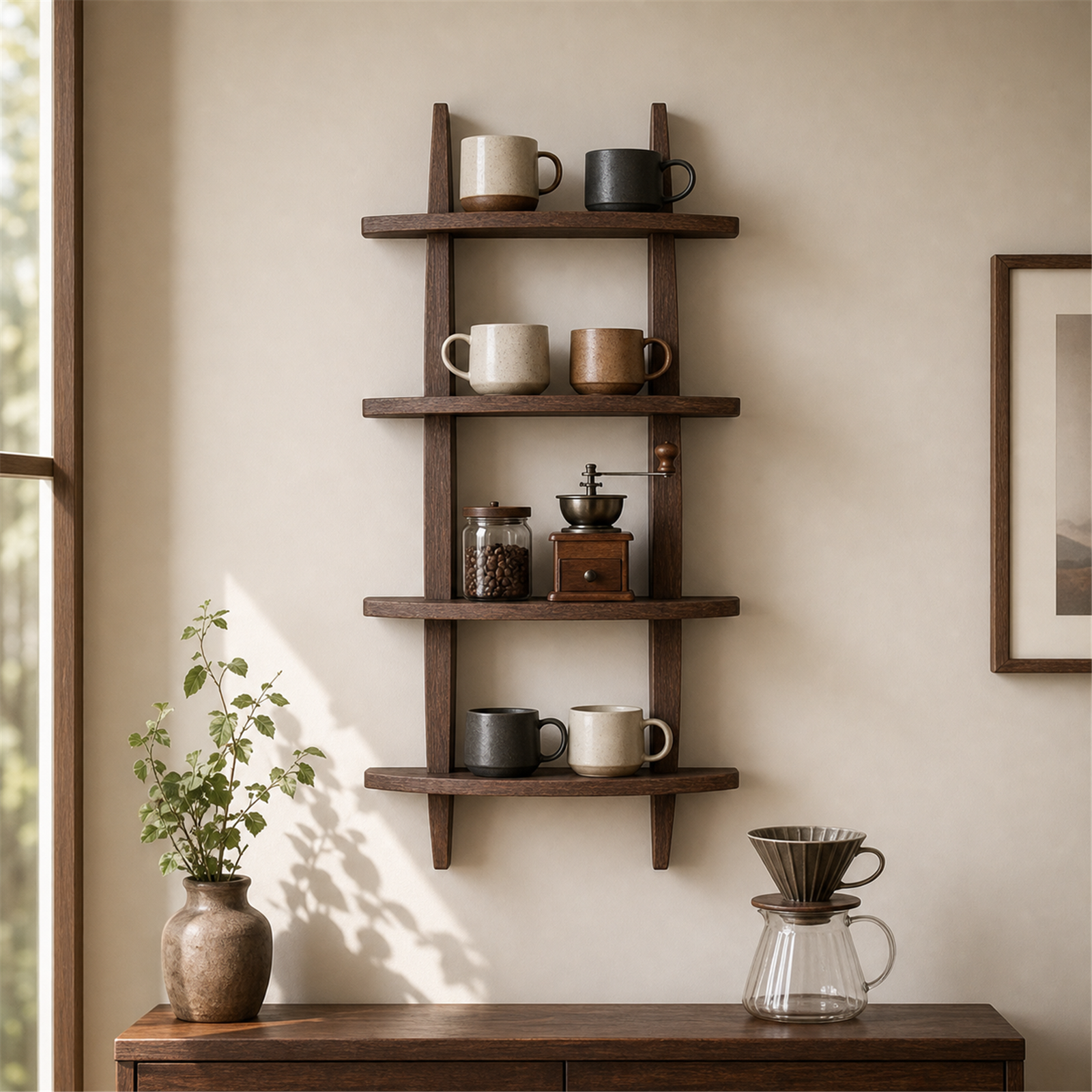 Dark Burnt vertical paulownia wall coffee shelf styled with mugs and brewing accessories