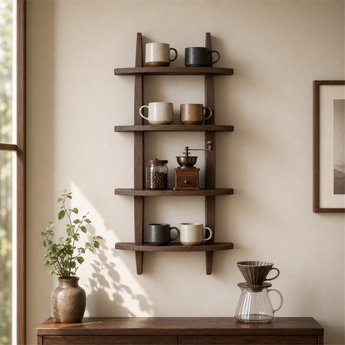 Dark Burnt vertical paulownia wall coffee shelf styled with mugs and brewing accessories