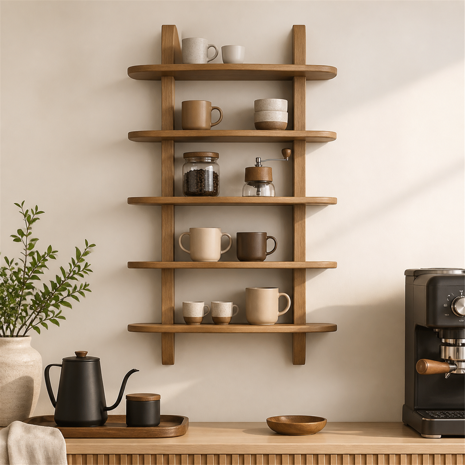 Light Burnt vertical paulownia wall coffee shelf in a Scandinavian home coffee station